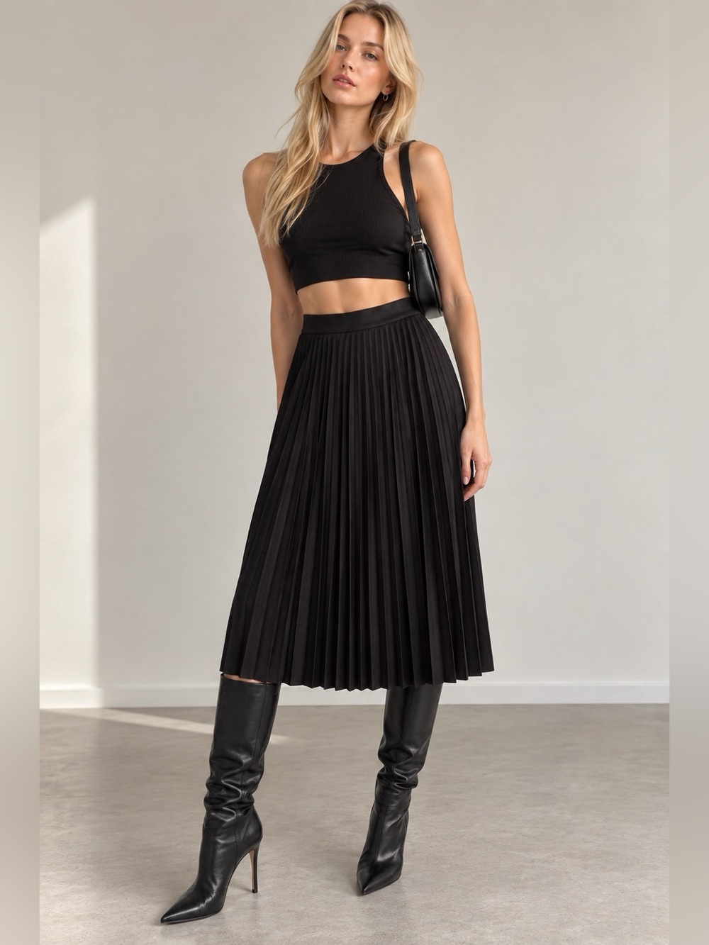 Ipekyol Black Suede-Feel Pleated Midi Skirt – Size 6